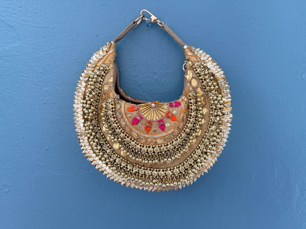 KALKI Fashion Gold Zardozi Embroidered Crescent Bag Bead Tassels Wedding Clutch